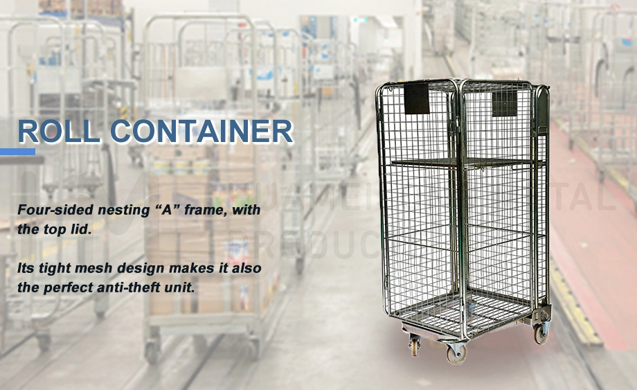 Four Sided Customized Galvanized Transportation Foldable Rolling Metal Storage Cage